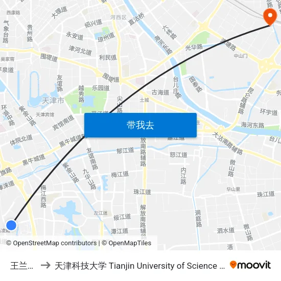 王兰花园 to 天津科技大学 Tianjin University of Science and Technology map