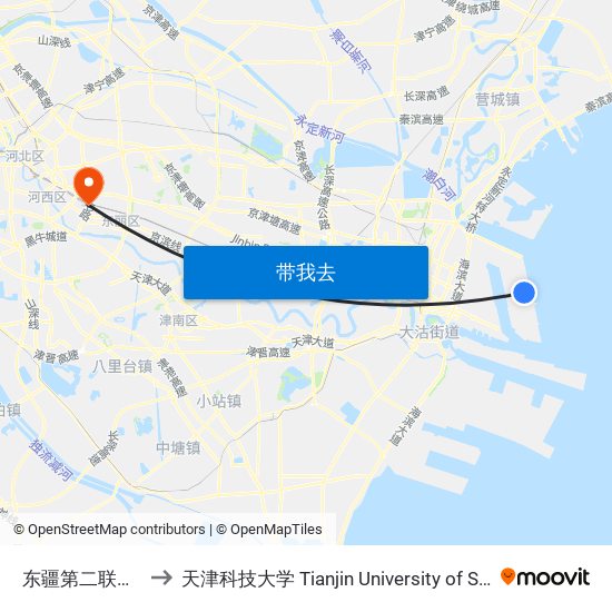 东疆第二联检服务中心 to 天津科技大学 Tianjin University of Science and Technology map