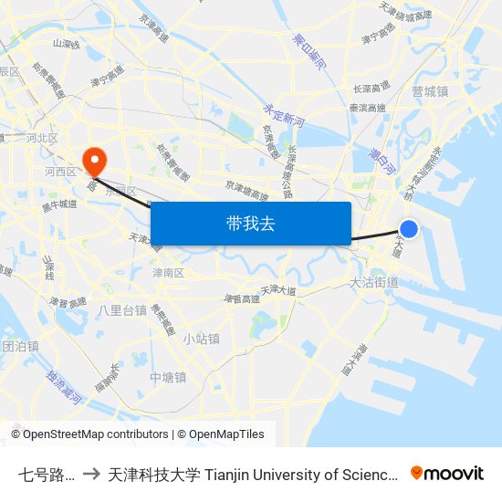 七号路海关 to 天津科技大学 Tianjin University of Science and Technology map