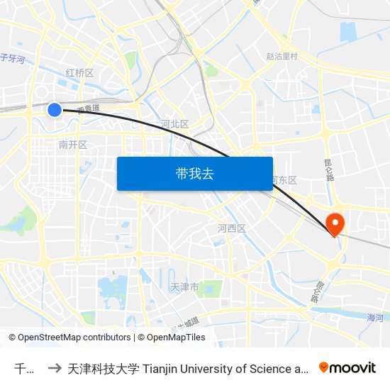 千禧园 to 天津科技大学 Tianjin University of Science and Technology map