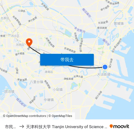 市民广场 to 天津科技大学 Tianjin University of Science and Technology map