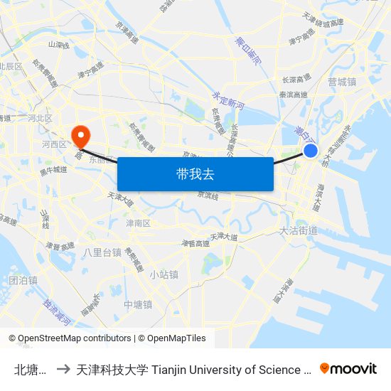北塘古镇 to 天津科技大学 Tianjin University of Science and Technology map