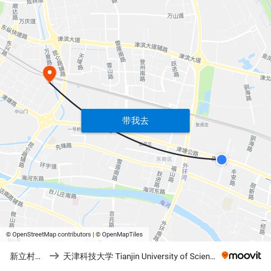 新立村轻轨站 to 天津科技大学 Tianjin University of Science and Technology map