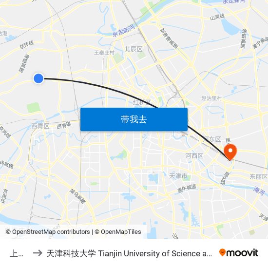 上河头 to 天津科技大学 Tianjin University of Science and Technology map