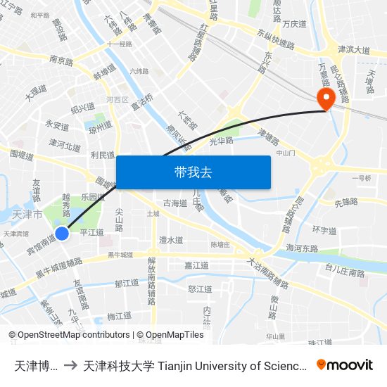 天津博物馆 to 天津科技大学 Tianjin University of Science and Technology map