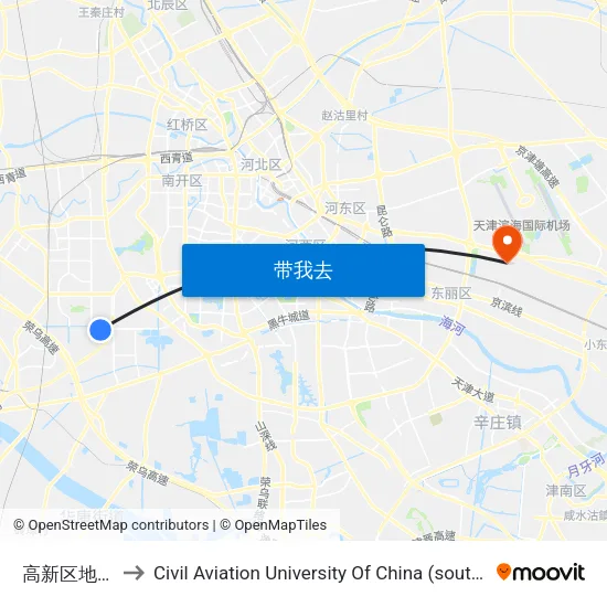 高新区地铁站 to Civil Aviation University Of China (south campus) map