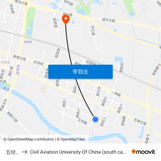 五经路 to Civil Aviation University Of China (south campus) map