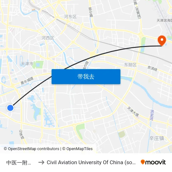 中医一附院新院 to Civil Aviation University Of China (south campus) map
