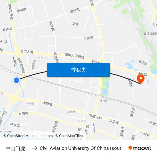 中山门虎丘路 to Civil Aviation University Of China (south campus) map