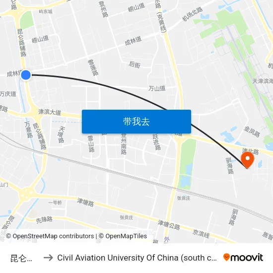 昆仑小区 to Civil Aviation University Of China (south campus) map