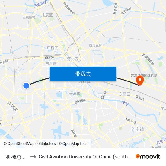 机械总公司 to Civil Aviation University Of China (south campus) map