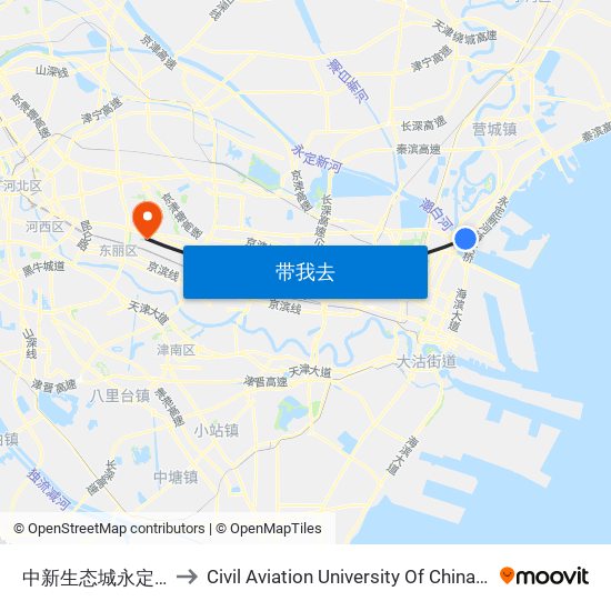 中新生态城永定洲公交站 to Civil Aviation University Of China (south campus) map