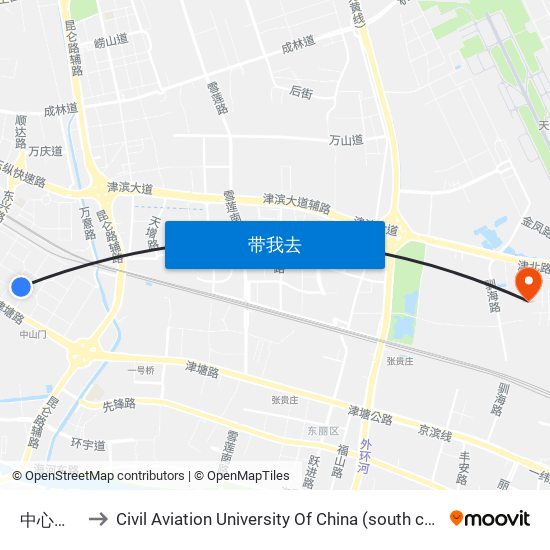 中心西道 to Civil Aviation University Of China (south campus) map