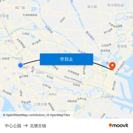 中心公园 to 北塘古镇 map