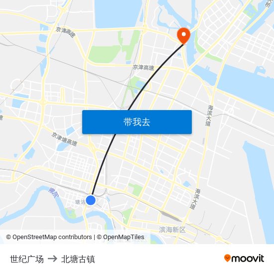 世纪广场 to 北塘古镇 map