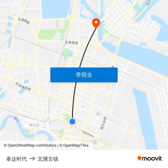 泰达时代 to 北塘古镇 map