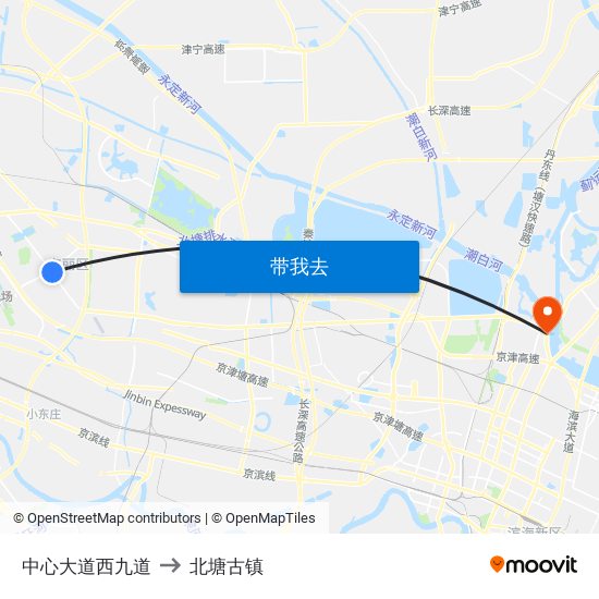 中心大道西九道 to 北塘古镇 map