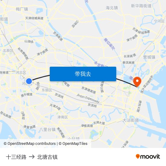 十三经路 to 北塘古镇 map