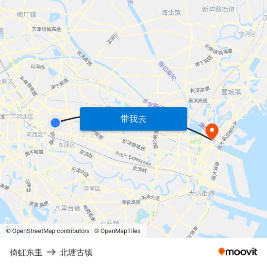 倚虹东里 to 北塘古镇 map