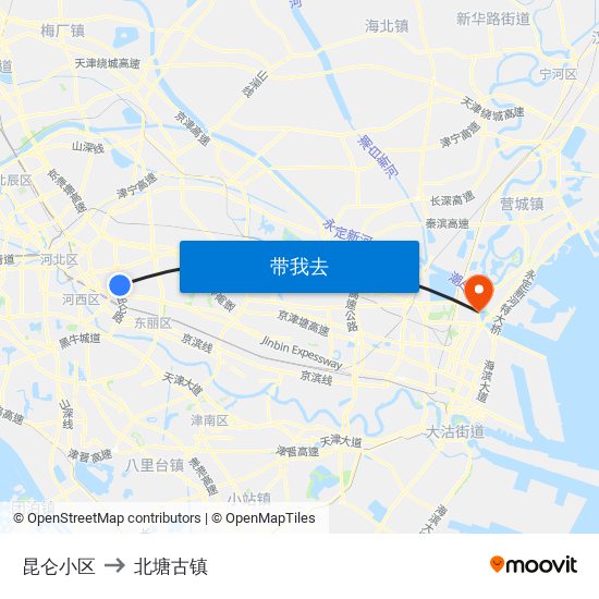 昆仑小区 to 北塘古镇 map