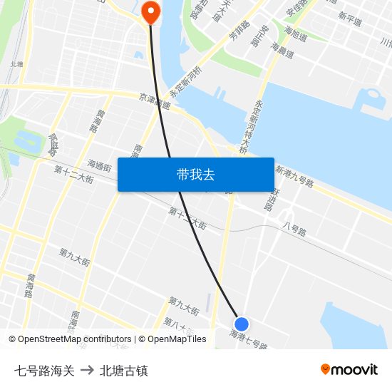 七号路海关 to 北塘古镇 map