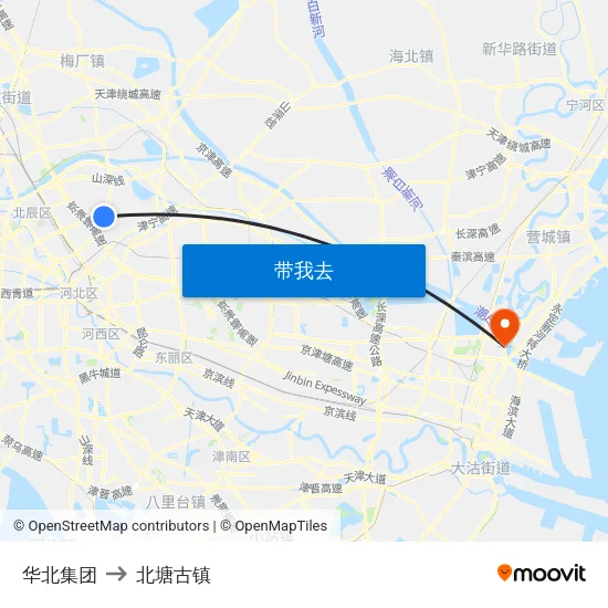 华北集团 to 北塘古镇 map