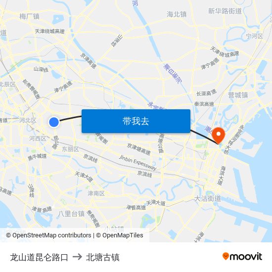 龙山道昆仑路口 to 北塘古镇 map