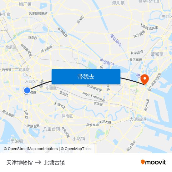 天津博物馆 to 北塘古镇 map