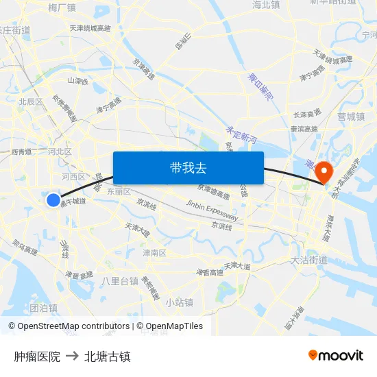 肿瘤医院 to 北塘古镇 map
