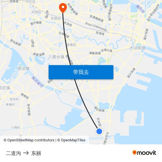 二道沟 to 东丽 map