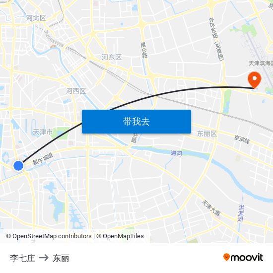 李七庄 to 东丽 map