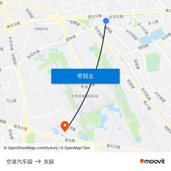 空港汽车园 to 东丽 map