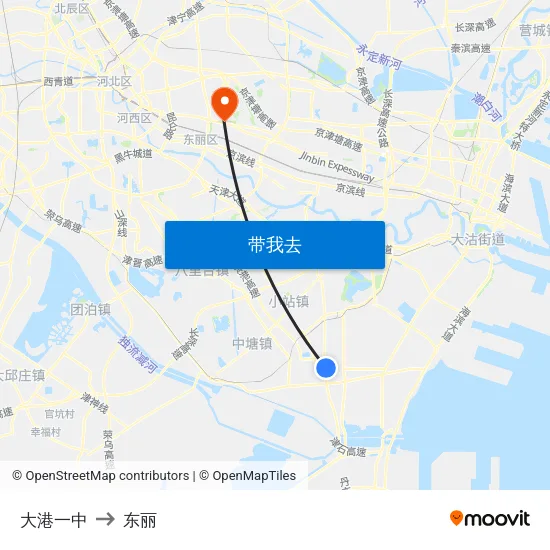 大港一中 to 东丽 map