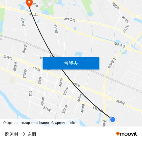 卧河村 to 东丽 map
