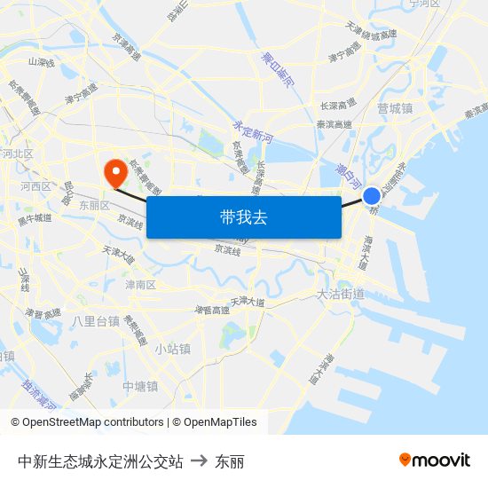 中新生态城永定洲公交站 to 东丽 map