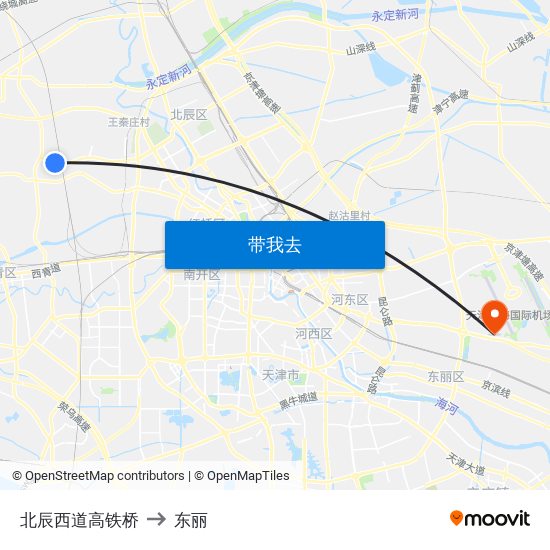 北辰西道高铁桥 to 东丽 map