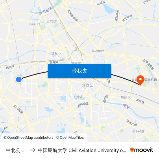 中北公交站 to 中国民航大学 Civil Aviation University of China map