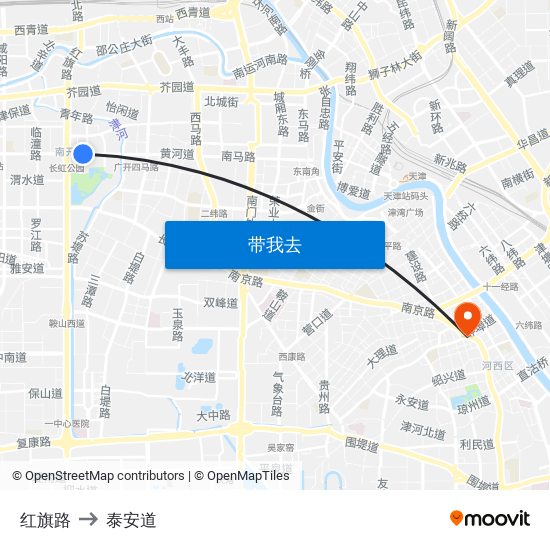 红旗路 to 泰安道 map