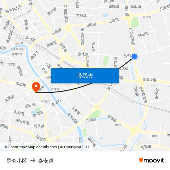 昆仑小区 to 泰安道 map