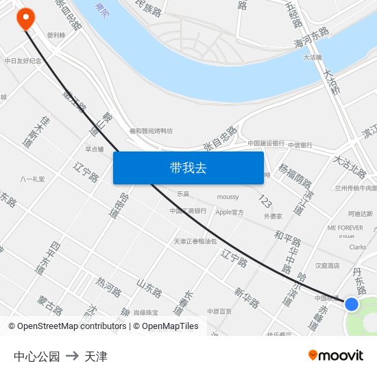 中心公园 to 天津 map