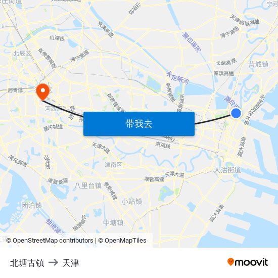 北塘古镇 to 天津 map
