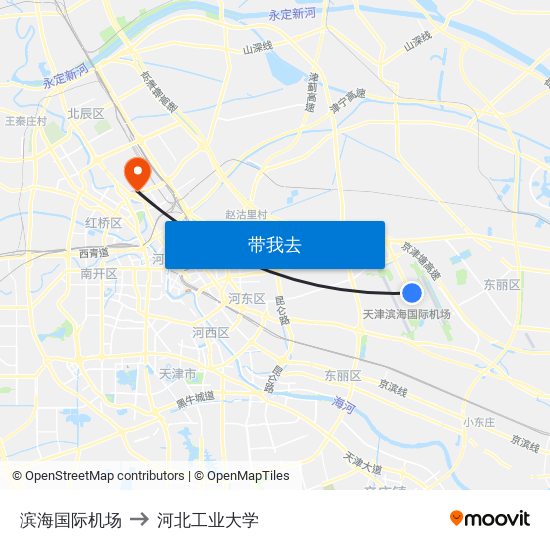 滨海国际机场 to 河北工业大学 map