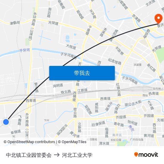 中北镇工业园管委会 to 河北工业大学 map