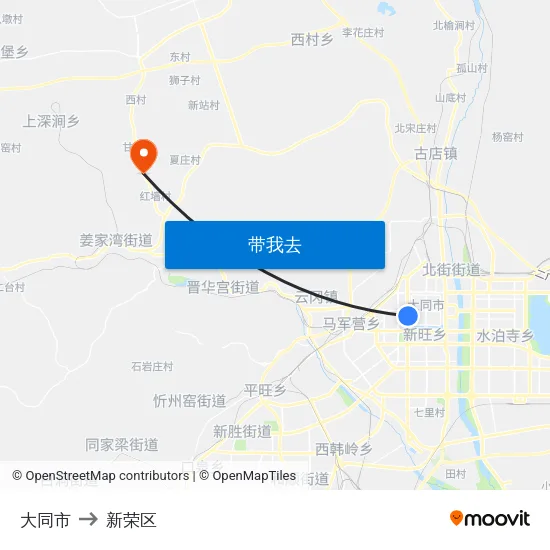 大同市 to 新荣区 map