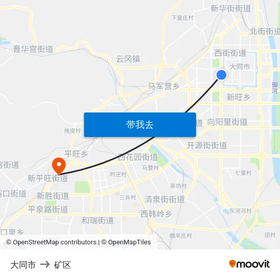 大同市 to 矿区 map