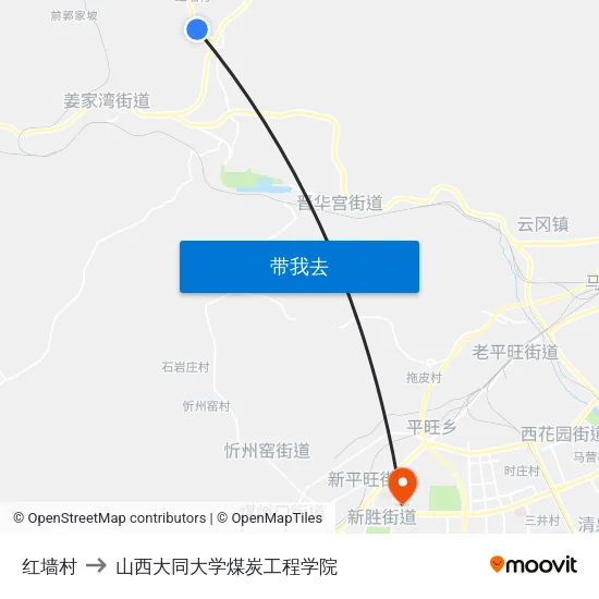 红墙村 to 山西大同大学煤炭工程学院 map