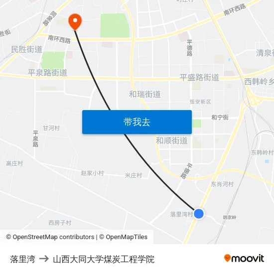落里湾 to 山西大同大学煤炭工程学院 map