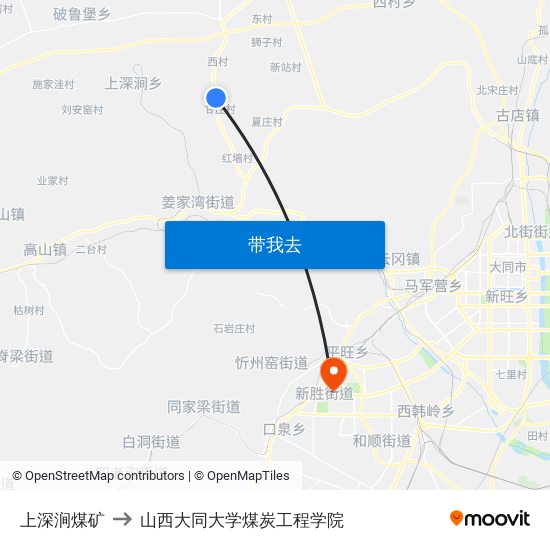 上深涧煤矿 to 山西大同大学煤炭工程学院 map