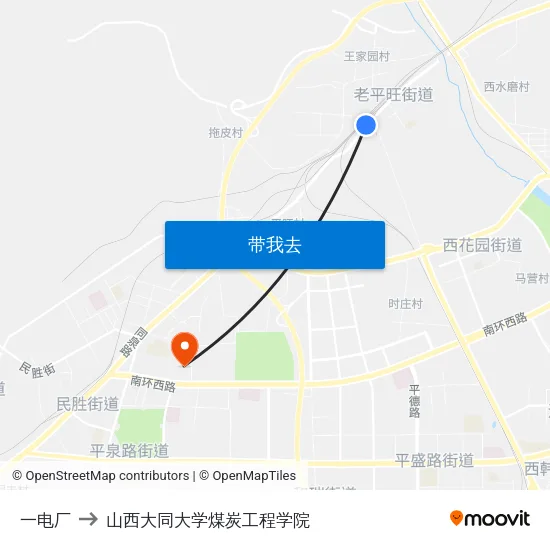 一电厂 to 山西大同大学煤炭工程学院 map