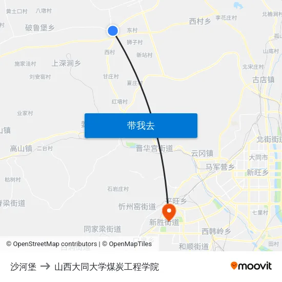 沙河堡 to 山西大同大学煤炭工程学院 map